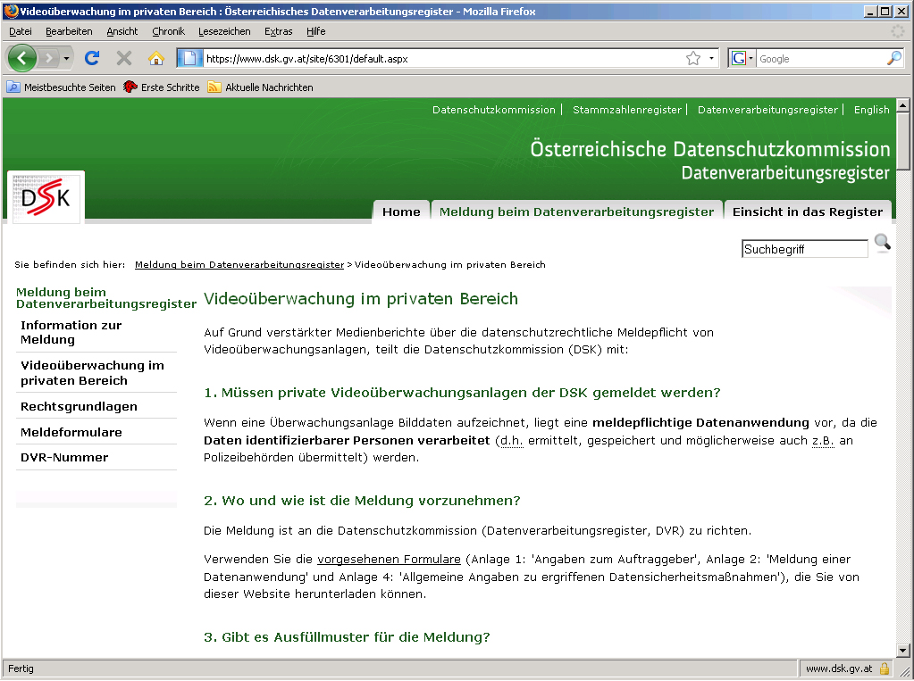 Homepage der Datenschutzkommission
